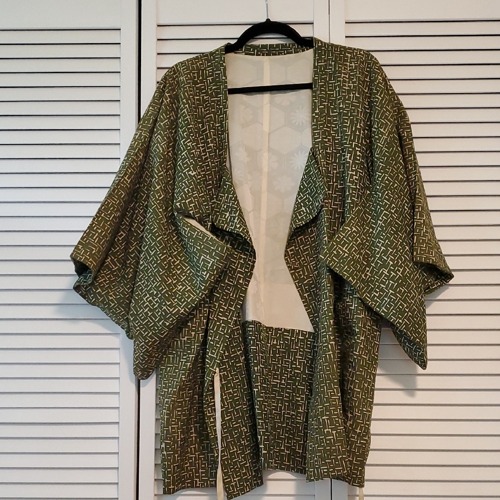 Vintage Green Patterned Women's Handmade Silk Kimono